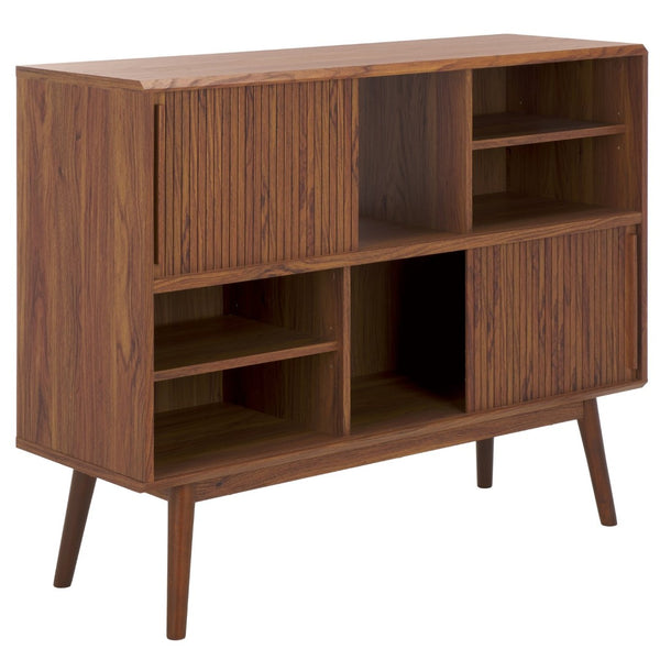 Safavieh Javante Mid-Century Sliding Door Media Stand With Ample Storage, Elegant Walnut Finish For Modern Spaces MED9626A