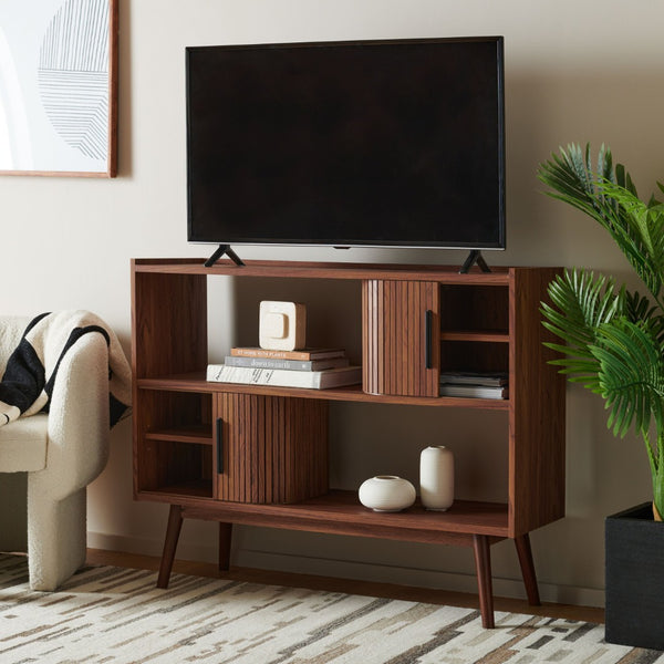 Safavieh Javante Tambour Door Media Stand - Stylish Storage Solution With Sleek Design For Modern Living Rooms Walnut MED9627A