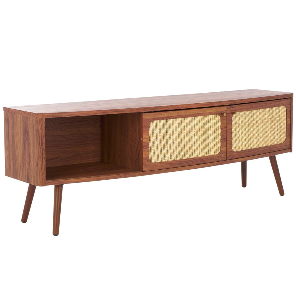Safavieh Cielle 2-Door Media Stand With Rattan-Mesh Fronts And Tapered Legs For Modern Living Room Style Walnut / Natural MED9628A