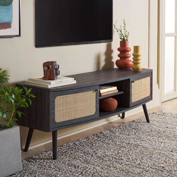 Safavieh Cielle 2 Door Media Stand Distressed Black / Natural 59.7" x 15.4" x 21"