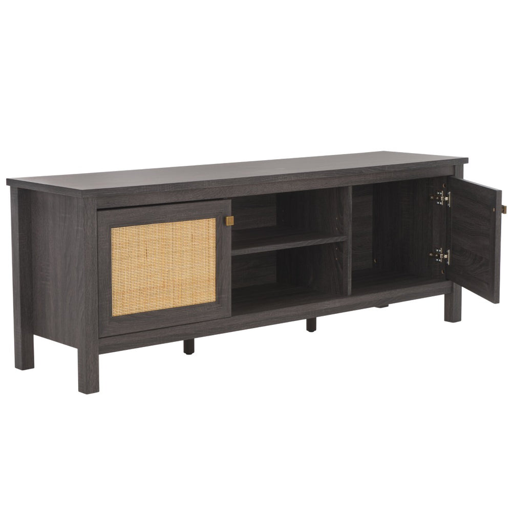 Safavieh Evane Streamlined Media Stand With Rattan Accents – Stylish Storage For Modern Living Spaces Distressed Black / Natural MED9629E