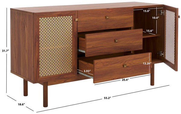 Safavieh Piran 2 Door 3 Drawer Sideboard/Media  Walnut / Gold 55.2" x 18.6" x 31.7"