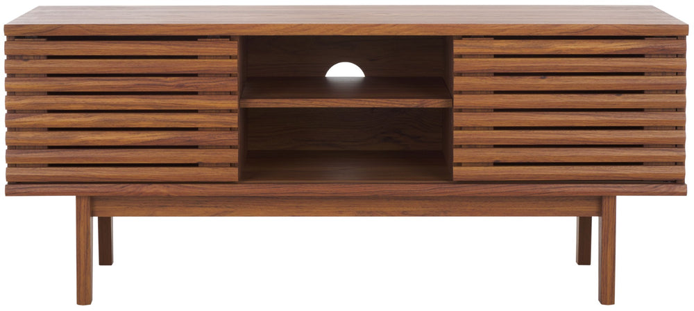 Safavieh Aricia Compact Media Stand With Slatted Front Design For Small To Medium Tvs, Stylish Storage Solution Walnut MED9632A