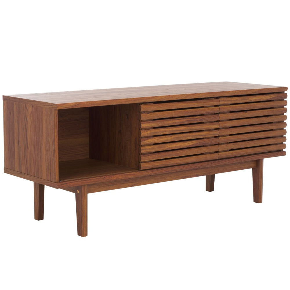 Safavieh Aricia Compact Media Stand With Slatted Front Design For Small To Medium Tvs, Stylish Storage Solution Walnut MED9632A