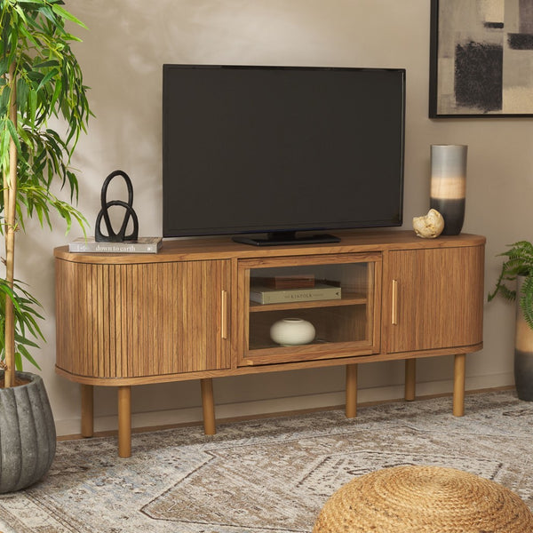 Safavieh Tealla 2 Tambour & 1 Glass Lift Door Media Stand Oak / Gold MED9635D