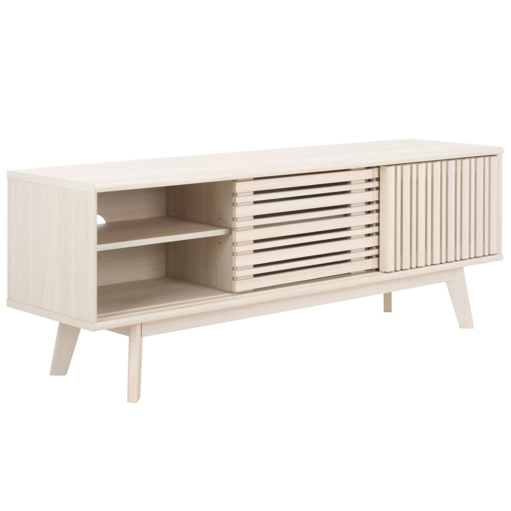 Safavieh Esma Modern Three-Door Media Stand With Textured Slatted Front For Stylish Living Room Storage Solutions Bleached White MED9640C