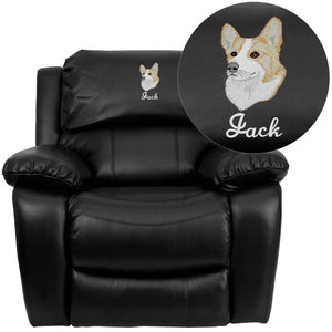English Elm Kyle Personalized Black LeatherSoft Rocker Recliner - Luxurious Comfort, Custom Embroidery, Durable Design MEN-DA3439-91-BK-TXTEMB-GG