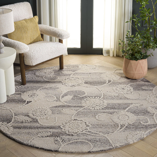 Safavieh Metro Hand-Tufted Grey Ivory Area Rug — Wool-Cotton Floral Motif, Low-Profile 1/2" Pile, Durable Elegance 6'-0" x 6'-0" MET393F-6SQ