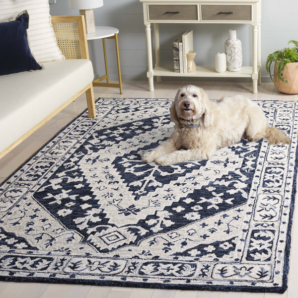 Safavieh Metro Handtufted Area Rug In Medium Rectangle - Luxurious Wool & Cotton Blend For Timeless Elegance Navy ,Ivory 80% Wool 20% Cotton Met474n-5