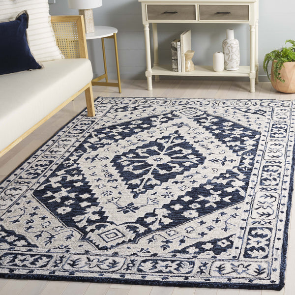 Safavieh Metro Handtufted Area Rug In Medium Rectangle - Luxurious Wool & Cotton Blend For Timeless Elegance Navy ,Ivory 80% Wool 20% Cotton Met474n-5