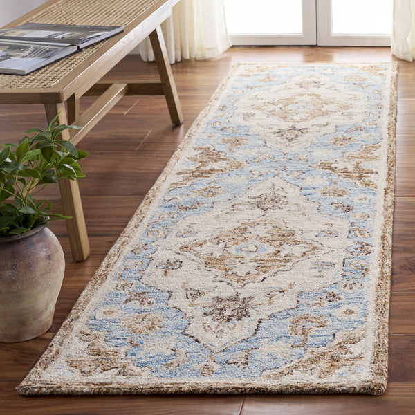 Safavieh Metro Hand-Tufted Beige And Blue Area Rug, Wool-Cotton Blend, Low-Profile Floral Design For Home Decor 4'-0" x 6'-0" MET755B-4