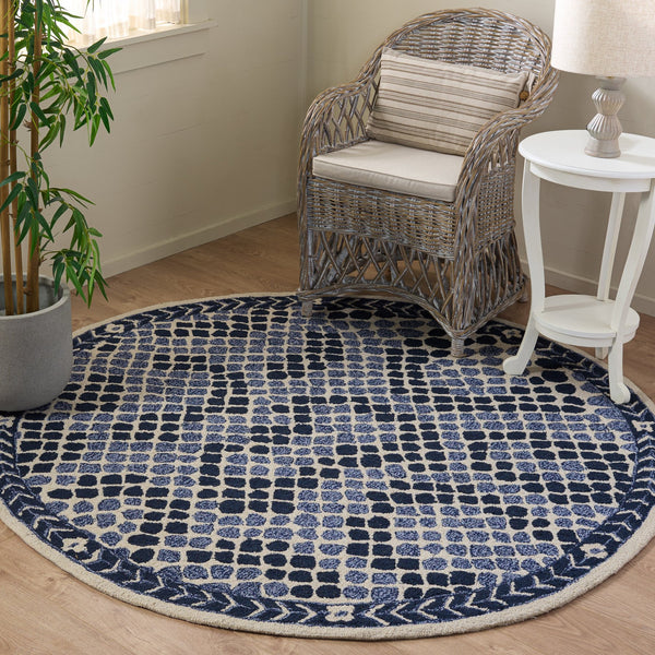 Safavieh Metro Hand-Tufted Round Rug In Navy And Ivory — Low-Profile Geometric Texture, Ethically Made India 6'-0" x 6'-0" MET758N-6R