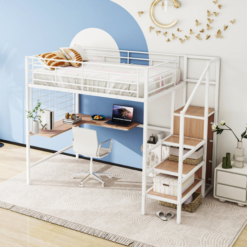 English Elm 1/2 Metal Loft Bed with Desk Wardrobe and Shelving for Teen or Studio MF309726AAK