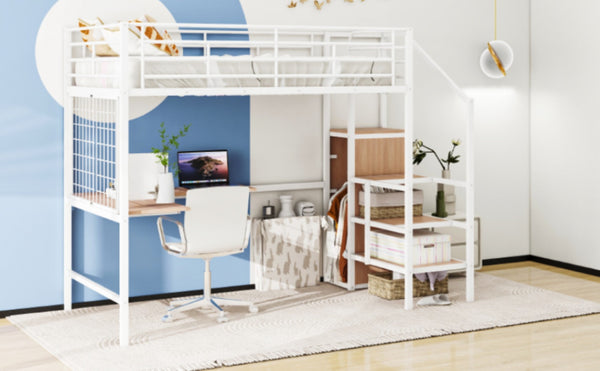 English Elm 1/2 Metal Loft Bed with Desk Wardrobe and Shelving for Teen or Studio MF309726AAK