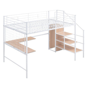 English Elm 2/2 Metal Loft Bed with L-Shaped Desk Wardrobe and Ladder Shelf for Teen Rooms MF309727AAK