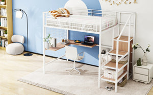 English Elm 2/2 Metal Loft Bed with L-Shaped Desk Wardrobe and Ladder Shelf for Teen Rooms MF309727AAK