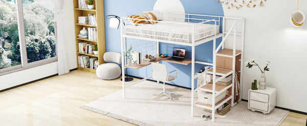 English Elm 2/2 Metal Loft Bed with L-Shaped Desk Wardrobe and Ladder Shelf for Teen Rooms MF309727AAK