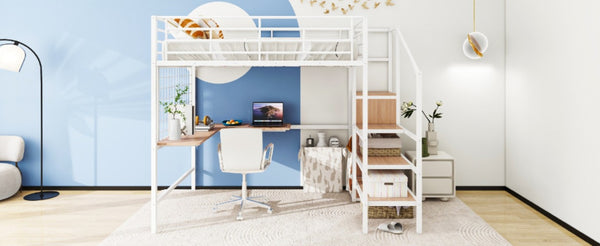 English Elm 2/2 Metal Loft Bed with L-Shaped Desk Wardrobe and Ladder Shelf for Teen Rooms MF309727AAK