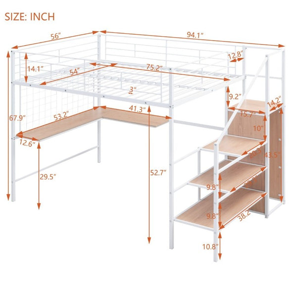 English Elm 2/2 Metal Loft Bed with L-Shaped Desk Wardrobe and Ladder Shelf for Teen Rooms MF309727AAK