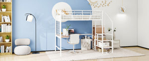 English Elm 2/2 Metal Loft Bed with L-Shaped Desk Wardrobe and Ladder Shelf for Teen Rooms MF309727AAK