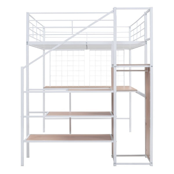 English Elm 2/2 Metal Loft Bed with L-Shaped Desk Wardrobe and Ladder Shelf for Teen Rooms MF309727AAK