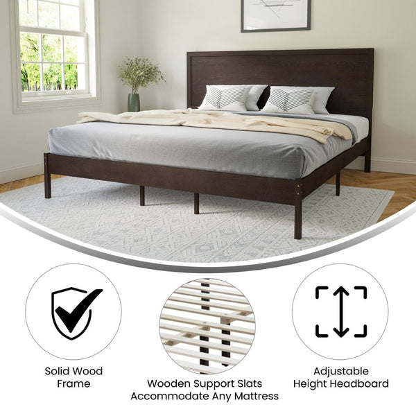 English Elm Asher Full Size Solid Wood Platform Bed with Headboard and Sturdy Slats for Ultimate Comfort and Style Dark Brown In Stock. Usually ships in 24 - 48 business hours MG-09004KB-K-DKBRN-GG
