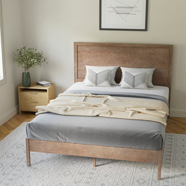 English Elm Asher Full Size Solid Wood Platform Bed with Headboard and Sturdy Slats for Ultimate Comfort and Style Light Brown In Stock. Usually ships in 24 - 48 business hours MG-09004QB-Q-OAK-GG