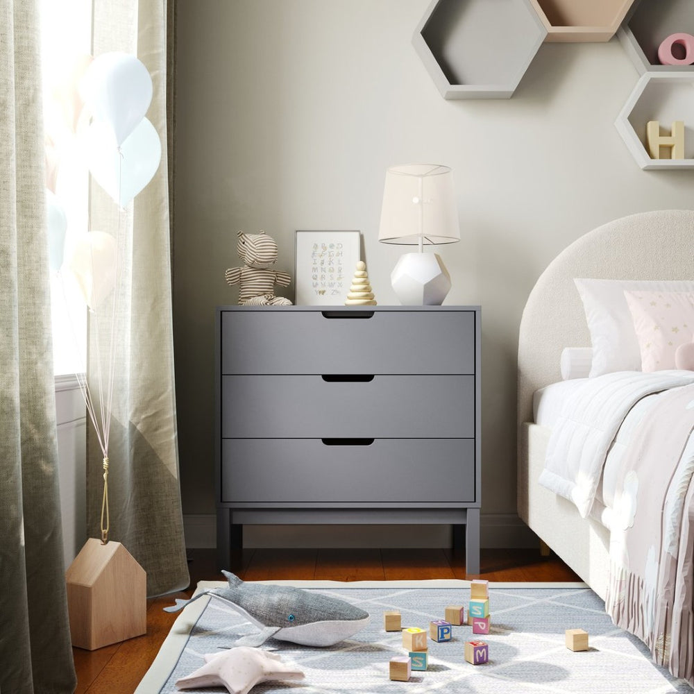 English Elm Dallas Wooden 3-Drawer Dresser for Kids' Rooms – Stylish Storage Solution with Safety Features Gray MG-9007-1-3C-GY-GG