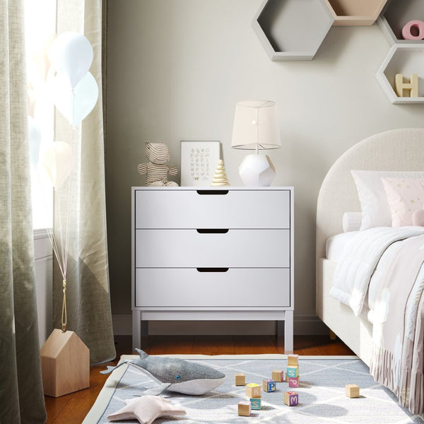 English Elm Dallas Wooden 3-Drawer Dresser for Kids' Rooms – Stylish Storage Solution with Safety Features White MG-9007-1-3C-WH-GG