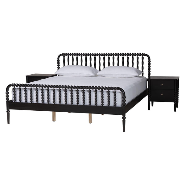 Baxton Studio Baxton Studio Lucera King Bedroom Set with Spindle Headboard and Two Nightstands MG0110-4-Black-King 3PC Bedroom Set