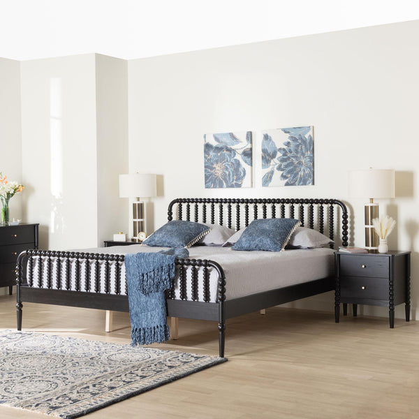 Baxton Studio Lucera King Bedroom Set with Spindle Headboard and Two Nightstands
