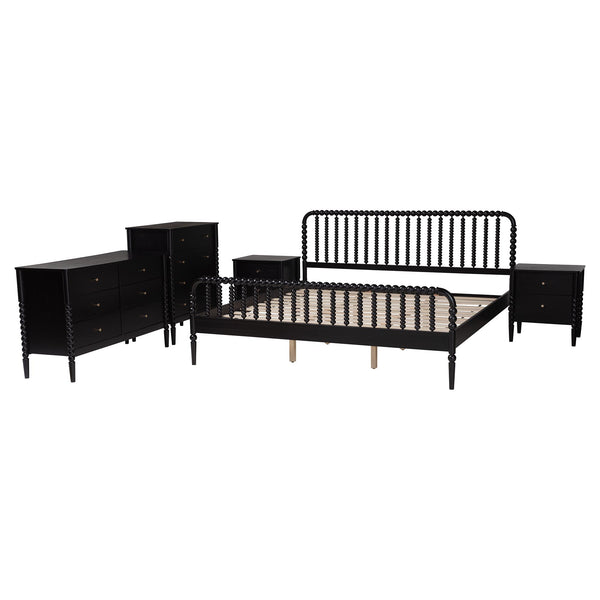Baxton Studio Lucera Rubberwood King Bedroom Set Spindle Cottage Style 5 Piece