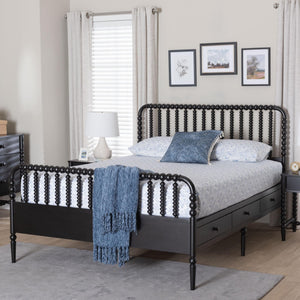 Baxton Studio Lucera Rubberwood Platform Bed Bobbin Spindle Frame with Six Storage Drawers