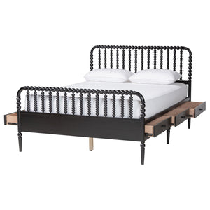 Baxton Studio Lucera Rubberwood Platform Bed Bobbin Spindle Frame with Six Storage Drawers