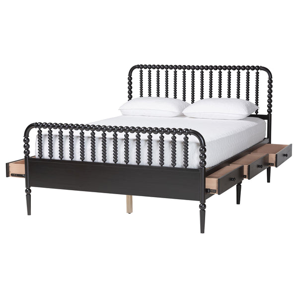 Baxton Studio Lucera Rubberwood Platform Bed Bobbin Spindle Frame with Six Storage Drawers