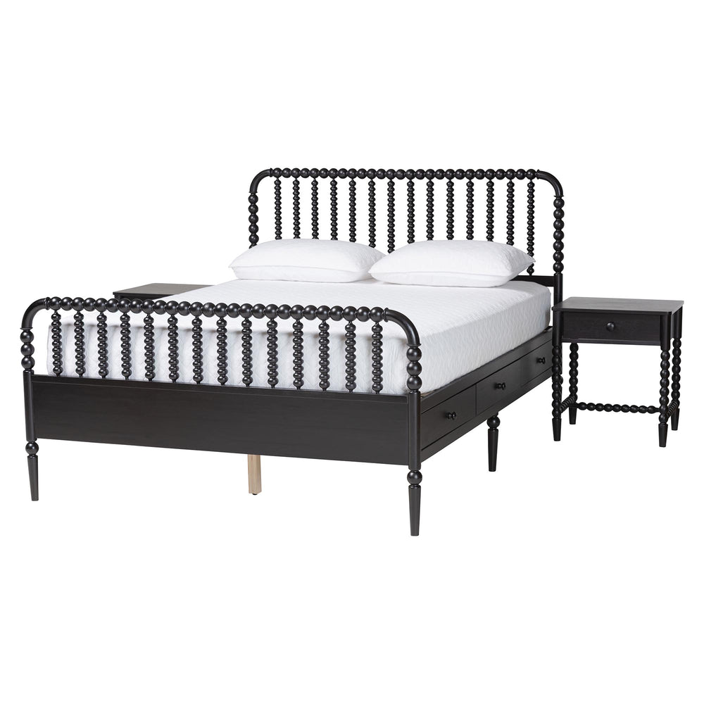 Baxton Studio Baxton Studio Lucera Full Bedroom Set Rubberwood Spindle Bed with Storage Nightstands MG0110-8-Black-Full 3PC Bedroom Set