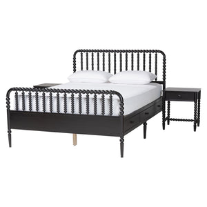 Baxton Studio Baxton Studio Lucera Full Bedroom Set Rubberwood Spindle Bed with Storage Nightstands MG0110-8-Black-Full 3PC Bedroom Set