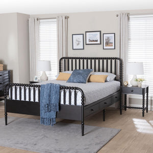 Baxton Studio Lucera Full Bedroom Set Rubberwood Spindle Bed with Storage Nightstands