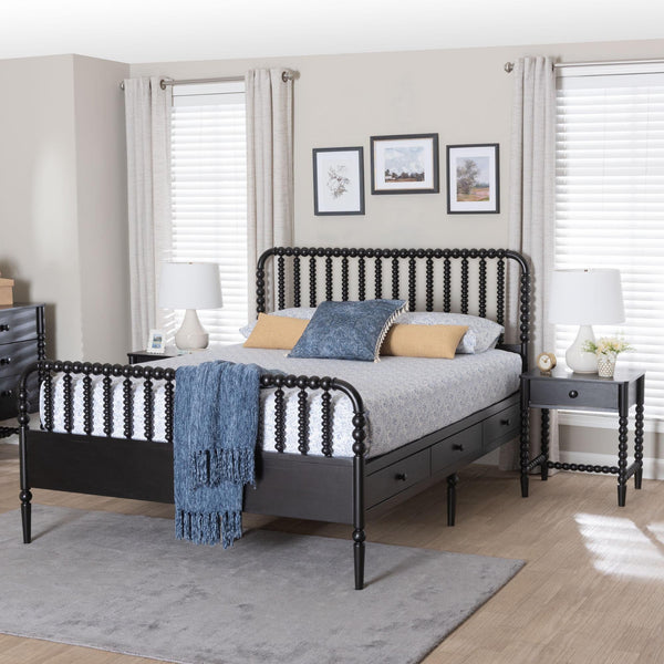 Baxton Studio Lucera Full Bedroom Set Rubberwood Spindle Bed with Storage Nightstands