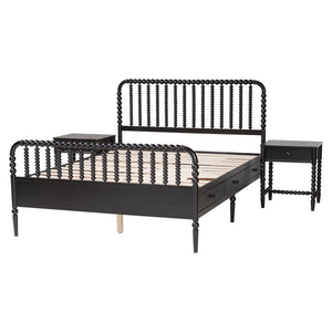 Baxton Studio Lucera Full Bedroom Set Rubberwood Spindle Bed with Storage Nightstands