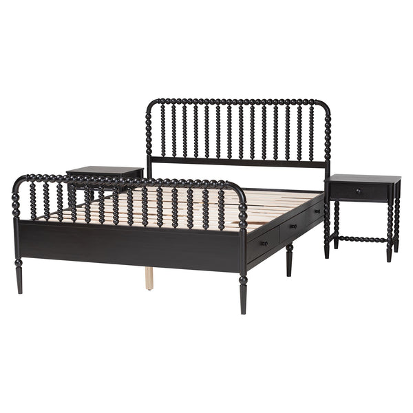 Baxton Studio Lucera Full Bedroom Set Rubberwood Spindle Bed with Storage Nightstands