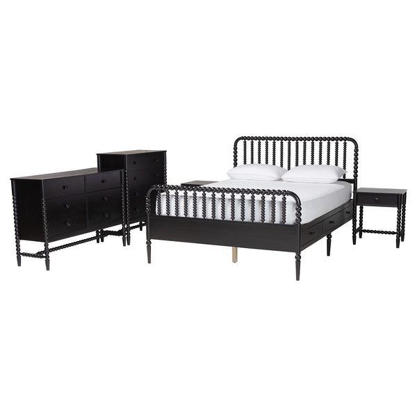 Baxton Studio Baxton Studio Lucera Full Platform Bed Set Rubberwood Spindle 5 Piece Bedroom MG0110-8-Black-Full 5PC Bedroom Set