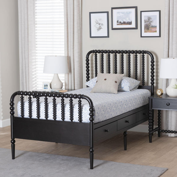 Baxton Studio Lucera Rubberwood Platform Bed Bobbin Spindle Frame with Six Storage Drawers
