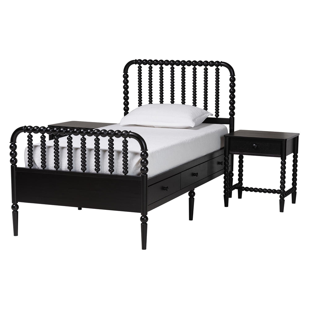 Baxton Studio Baxton Studio Lucera Twin Storage Bed Set Rubberwood Spindle Mid-century Bedroom MG0110-8-Black-Twin 3PC Bedroom Set
