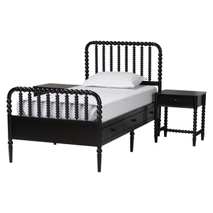 Baxton Studio Baxton Studio Lucera Twin Storage Bed Set Rubberwood Spindle Mid-century Bedroom MG0110-8-Black-Twin 3PC Bedroom Set