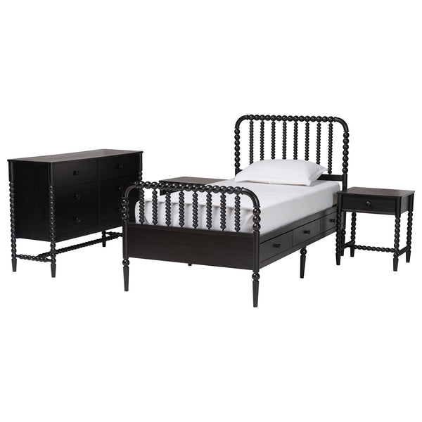 Baxton Studio Baxton Studio Lucera Twin Storage Bed Set with Bobbin Spindle Rubberwood Frame MG0110-8-Black-Twin 4PC Bedroom Set