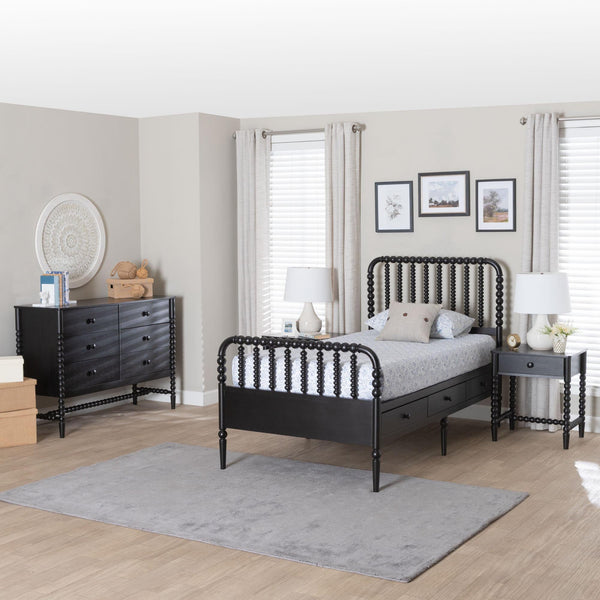 Baxton Studio Lucera Twin Storage Bed Set with Bobbin Spindle Rubberwood Frame