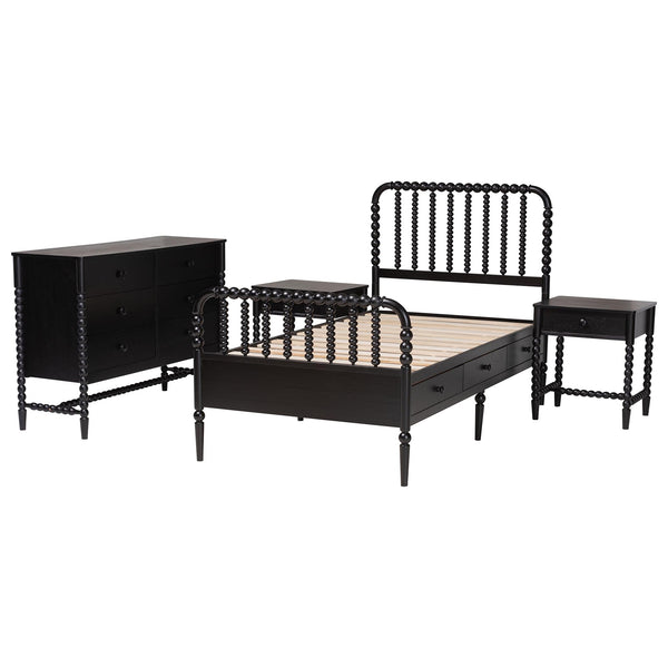 Baxton Studio Lucera Twin Storage Bed Set with Bobbin Spindle Rubberwood Frame