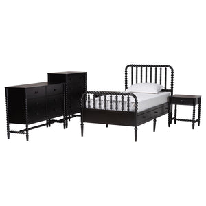 Baxton Studio Baxton Studio Lucera Mid-century Twin Bedroom Set with Bobbin Spindle Storage Drawers MG0110-8-Black-Twin 5PC Bedroom Set