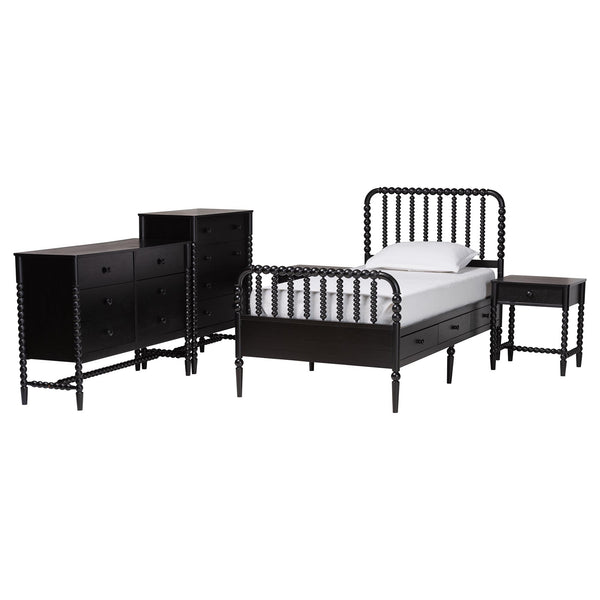 Baxton Studio Baxton Studio Lucera Mid-century Twin Bedroom Set with Bobbin Spindle Storage Drawers MG0110-8-Black-Twin 5PC Bedroom Set